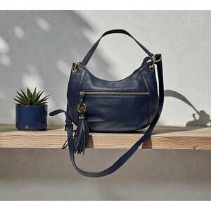 Michael Kors Navy Pebbled Leather Tassel Hobo Satchel – Gold Hardware, Stylish
